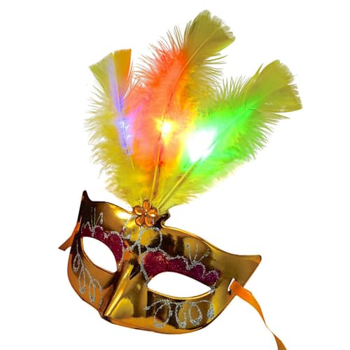 BF Souvenirs LED Maskerade VENEZIA mit Federn - venezianische Maske mit leuchtend u. blinkend Federn - Party Fasching Karneval Junggesellinnen Abschied Geburtstag Hochzeit (gelb/gold) von BF Souvenirs