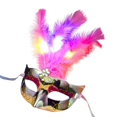 BF Souvenirs LED Maskerade VENEZIA mit Federn - venezianische Maske mit leuchtend u. blinkend Federn - Party Fasching Karneval Junggesellinnen Abschied Geburtstag Hochzeit (silber/rosa) von BF Souvenirs