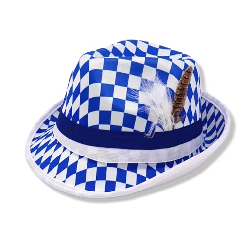 bayerischer Rautenhut Bayern BAVARIA (blau/weiß) mit Feder und Hutband Fendora - Tracht Karneval Oktoberfest Volksfest Fasching Junggesellenabschied Party von BF Souvenirs
