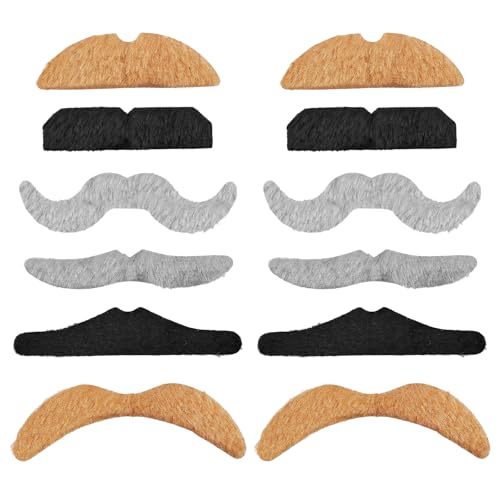 ﻿12 Stück Schnurrbart zum Ankleben 80er,Schnurrbart Selbstklebend & Bärte Set,Klebebart & Schnauzer zum Ankleben für 80er Party,Karneval,Cosplay & Mottoparty,Falscher Bart für Damen & Herren,Fake Bart von BFUZXY