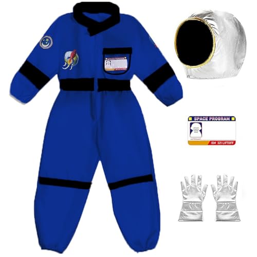 BGFIPAJG Astronaut Kostüm Kinder Jumpsuit Blau mit Mütze,Handschuhe und ID-Tag,perfekt für Kleinkinder, Mädchen, Junge Karneval,Halloween, Cosplay (Blau, M) von BGFIPAJG