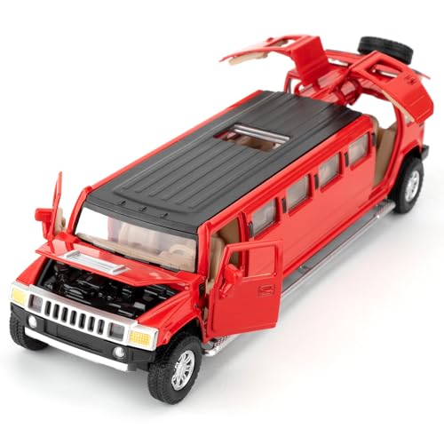 BGHSCA 1/32 Hummer H2 Auto Modell, Diecast Auto Spielzeug mit Sound und Licht, Alloy Stretch Limousine Pull Back Spielzeug Fahrzeug für Erwachsene Kinder Jungen Mädchen (Rot) von BGHSCA