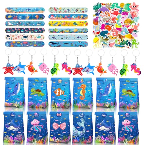 86 Stück Meerestiere Kindergeburtstag Party Mitgebsel Set, Ozeantiere Schlüsselanhänger Schnapparmband Aufkleber Geschenktüten, Meer Tier Party Favors für Mädchen Jungen Party Zubehör Give Aways von BGNXHYB