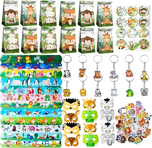 98 Stück Safari Party Mitgebsel Set, Jungle Animal Schlüsselanhänger Schnapparmband Aufkleber Geschenktüten Masken, Dschungel Party Supplies, Tiere Party Zubehör für Kindergeburtstag Party Favors 98 Stück Safari Party Mitgebsel Set, Jungle Animal Schlüsselanhänger Schnapparmband Aufkleber Geschenktüten Masken, Dschungel Party Supplies, Tiere Party Zubehör für Kindergeburtstag Party Favors von BGNXHYB