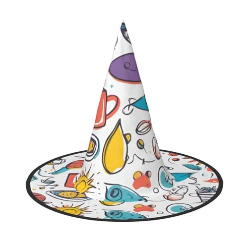 BGSHJVF Bunte handgezeichnete Federn auf weißem Druck Halloween Hexe Hut Cosplay Caps Halloween Dekoration Kostüm Zubehör für Halloween Party BGSHJVF Bunte handgezeichnete Federn auf weißem Druck Halloween Hexe Hut Cosplay Caps Halloween Dekoration Kostüm Zubehör für Halloween Party von BGSHJVF