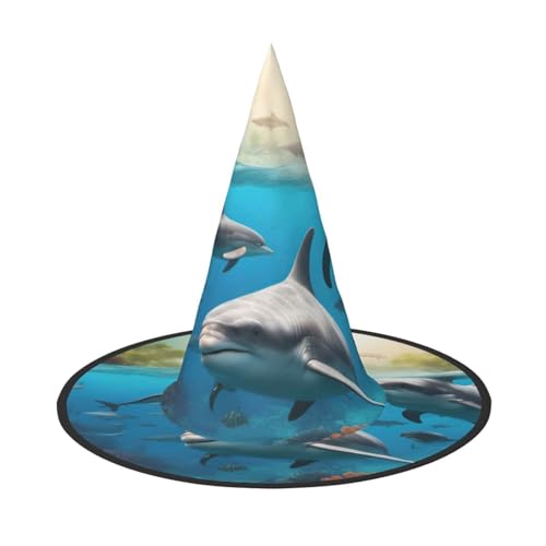 BGSHJVF Delfine Meeresschildkröte Hai Tintenfisch Korallen Druck Halloween Hexe Hut Cosplay Caps Halloween Dekoration Kostüm Zubehör für Halloween Party von BGSHJVF