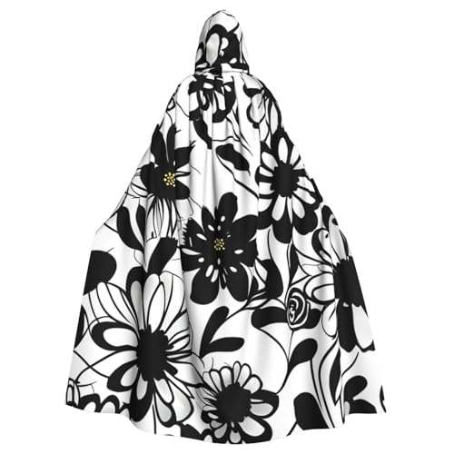 BGSHJVF Halloween Kostüm Umhang mit Blumenmuster in Schwarz und Weiß für alle, übergroße Kapuze Mantel für Erwachsene, Party, Maskerade von BGSHJVF