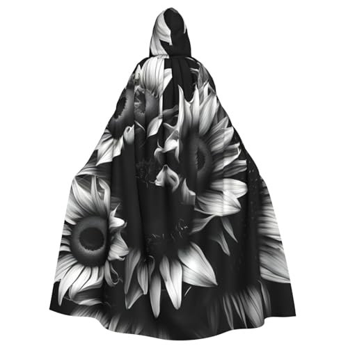 BGSHJVF Schwarzer und weißer Sonnenblumen-Druck, Halloween-Kostüm, Umhang für alle, übergroßer Cosplay-Umhang für Erwachsene, mit Kapuze für Partys, Maskeraden von BGSHJVF
