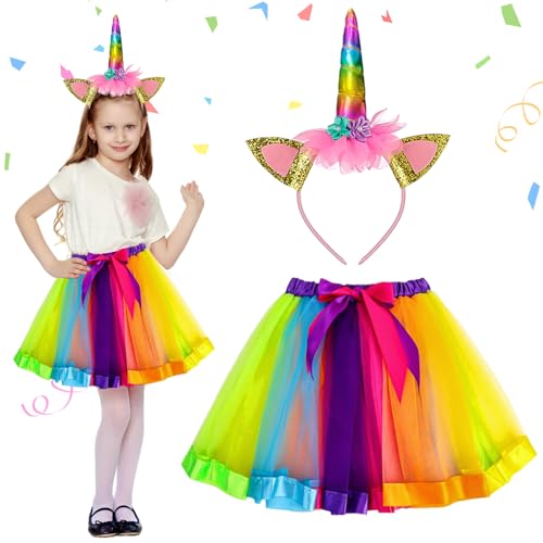 BGTLJKD 2 Stück Einhorn Kostüm Prinzessin Set, Einhorn Kostüm Kinder, Mädchen Einhorn Tutu Rock mit Einhorn Haarreif, Regenbogen Unicorn Cosplay Kostüme für Einhornparty Kindergeburtstag von BGTLJKD