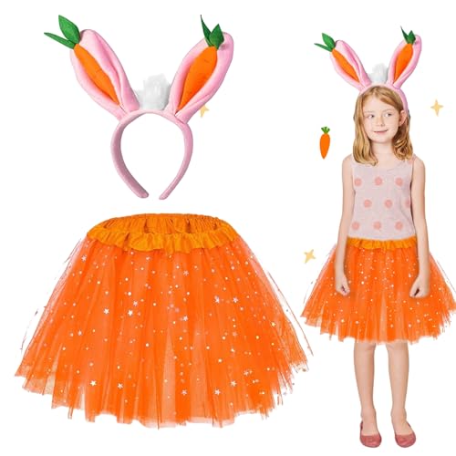 BGTLJKD 2 Stück Hasenkostüm Set Hasen Kostüm Kinder Hasenohren Stirnband Orange Tutu Mädchen Häschen Kostüm Kaninchen Bunny Cosplay Kostüm für Karneval Ostern Kostüm Party von BGTLJKD