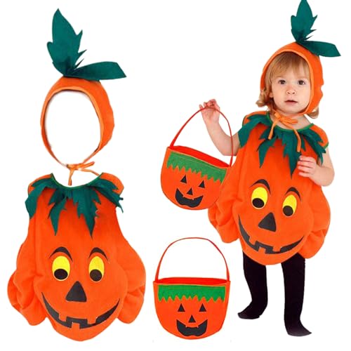 BGTLJKD Halloween Kostüm Kürbis Kinder, Kinder Kürbis Kostüm mit Hut, Kürbistasche und Kürbisstab, Pumpkin Halloween Cosplay, Kürbis Kostüm Kinder Mädchen Jungen für Halloween Karneval Party (S) von BGTLJKD