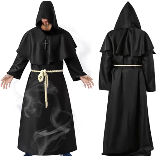 BGTLJKD Mönch Robe Kostüm, Renaissance Priester Robe Mönch Priester Gewand Cosplay Mönchskostüm Mönch Robe mit Kapuze, Kordel und Kreuz,Für Karneval Fasching Mottoparty Cosplay Halloween (XXL) von BGTLJKD