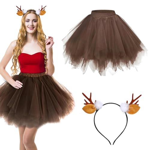BGTLJKD Rentier Tüllrock mit Haarreif Rentier Kostüm Damen Rentier Haarreif und Tutu Vintage Tüllrock Petticoat Karneval Reh Kostüm Rentier Kostüm Erwachsene für Damen Fasching Cosplay Kostüm Party von BGTLJKD