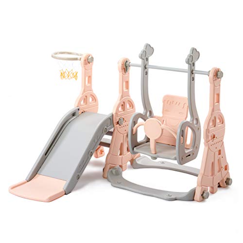 BHFFTHK 4-in-1-Kinderrutsche mit Schaukel,Kinderrutsche für drinnen und draußen,Spielplatz mit Klettergerüst und Langer Rutsche Basketballkorb,für Kinder von 1-6 Jahren Ideal (4 in1 Rosa) von BHFFTHK