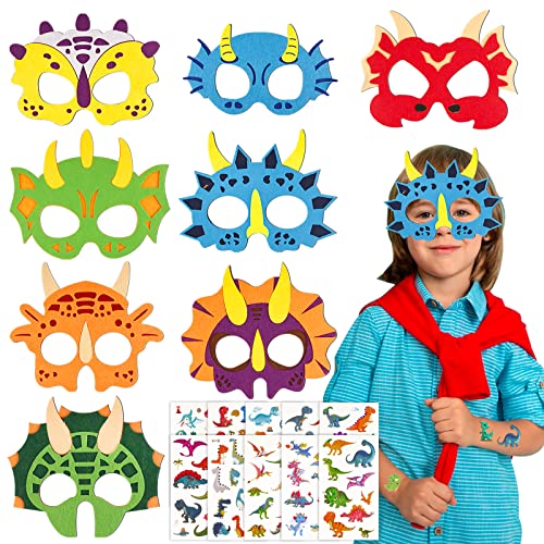 BHGT 8 Stück Dinosaurier Masken Filz Tiermasken für Kinder mit 10 Blätter Dino Tattoo Dinosmasken Party Mitgebsel für Karneval Fasching Kindergeburtstag Mottoparty Halloween von BHGT
