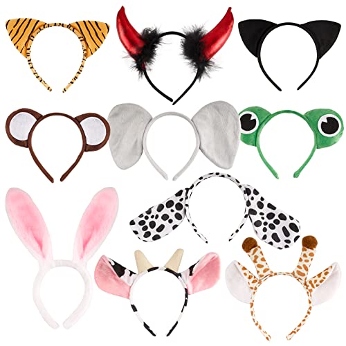 BHGT 10 Pcs Tier Haarreif mit Ohren Stirnbänder Tiger Hund Giraffe Hasen Katze Kostüm Zubehör für Kinder Erwachsene Karneval Geburtstag Themenparty von BHGT