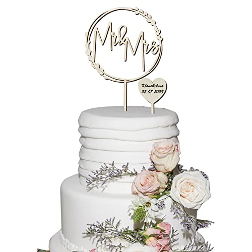 BHGT 2pcs Cake Topper Hochzeit aus Holz Tortendeko Mr & Mrs im Kranz Herz Torten Kuchen Topper Cupcake Deko Kuchendeko Hochzeitsdeko Antrag von BHGT