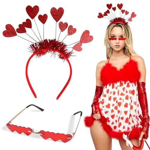 BHGT Herz Stirnband Glitzer Herz Haarreif Herz Rot Karneval Amor Kostüm Brille Zubehör Heart Headband Red Haarband Party Accessoires Kopfbedeckung Haarschmuck von BHGT