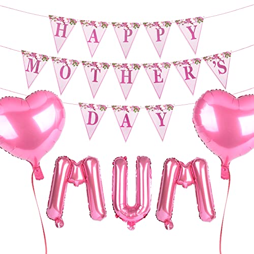 Muttertag Deko 1 Stück Wimpelkette Happy Mother's Day Papier Girlande Banner 5 Stück Rosa Luftballons Folienballons MUM Herzen von BHGT