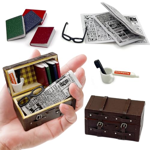 Miniatur Puppenhaus Zubehör 1/12, 1:12 Set Miniatur Koffer Mini Zahnbürste Zahnpasta Tasse Kamera Bücher Zeitung, 11 Stück Reise Deko für Wichtel, Kunststoff, Mehrfarbig Miniatur Puppenhaus Zubehör 1/12, 1:12 Set Miniatur Koffer Mini Zahnbürste Zahnpasta Tasse Kamera Bücher Zeitung, 11 Stück Reise Deko für Wichtel, Kunststoff, Mehrfarbig von BHGWR