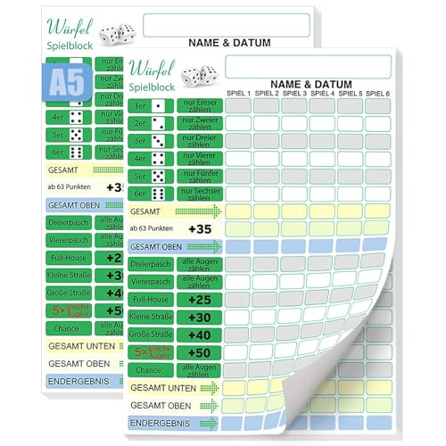 BHHTBB Kniffelblock Groß DIN A5 Yatzy Block 2 Blöcke Kniffel Extreme Ersatzblock Würfelspiel Block je 50 Blatt, Extra Große Schrift für Jung und Alt (14.8 × 21.0 cm) von BHHTBB