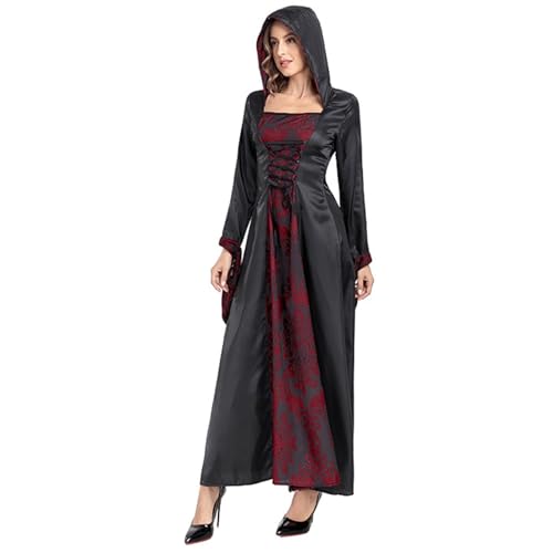 BIBOKAOKE Kleider Damen Halloween Deko Retro Langarm Kapuzenkleider Mittelalterliches Hof Cosplay Kostüm Elegantes Partykleid von BIBOKAOKE