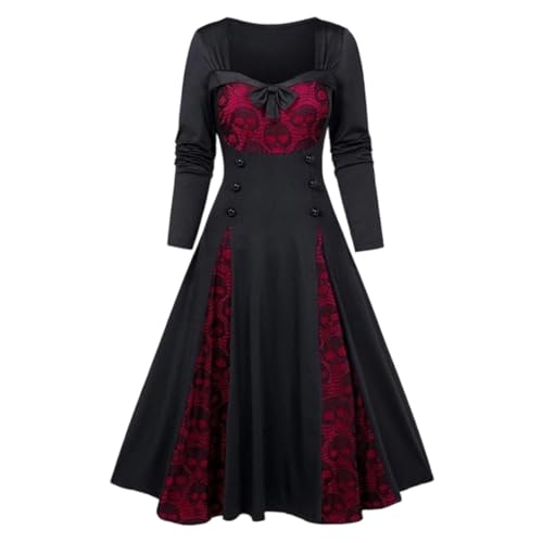 BIBOKAOKE Kleider Damen Steampunk Gothic Elegante Vintage Mittelalterliche Prinzessin Renaissance Halloween Kostüm Kleid Lange Ärmel Schädel Spitze Scheinknopf Bowknot Weinlese Cosplay von BIBOKAOKE