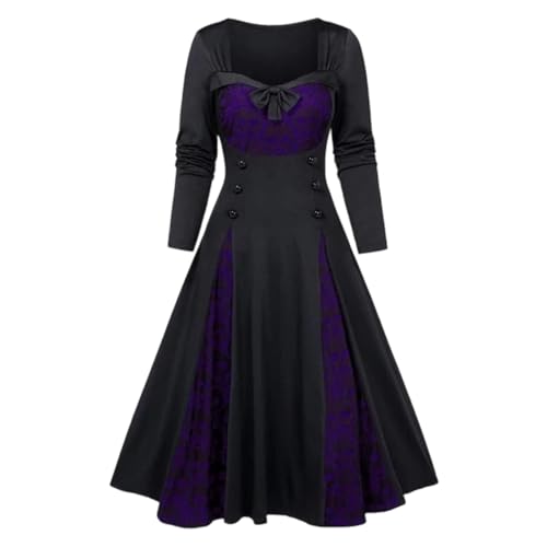 BIBOKAOKE Kleider Damen Steampunk Gothic Elegante Vintage Mittelalterliche Prinzessin Renaissance Halloween Kostüm Kleid Lange Ärmel Schädel Spitze Scheinknopf Bowknot Weinlese Cosplay von BIBOKAOKE