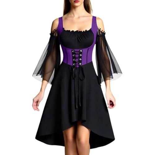 Halloween Kostüm Damen Gothic Kleid KurzMittelalter Gebundene Taille HexenkostümVampir Renaissance Trompetenärmel Korsett Erwachsene Karneval Steampunk Barock von BIBOKAOKE