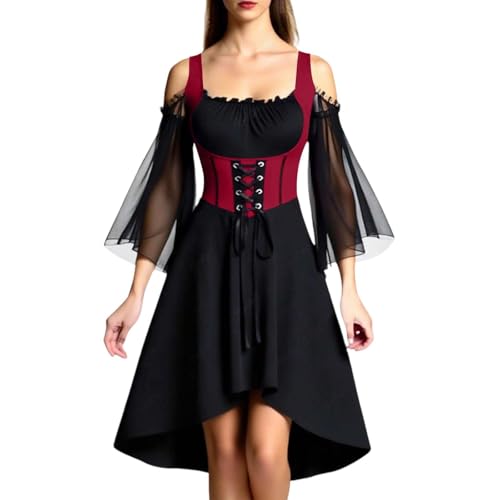 Halloween Kostüm Damen Gothic Kleid KurzMittelalter Gebundene Taille HexenkostümVampir Renaissance Trompetenärmel Korsett Erwachsene Karneval Steampunk Barock von BIBOKAOKE