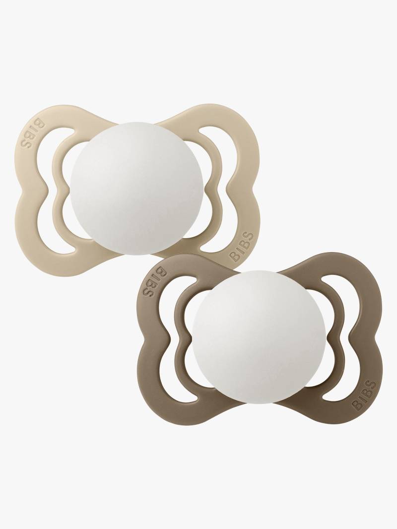 BIBS Supreme Schnuller 2er-Pack Silikon Gr. 1 Symmetrisch, Vanilla Glow/Dark Oak Glow von BIBS