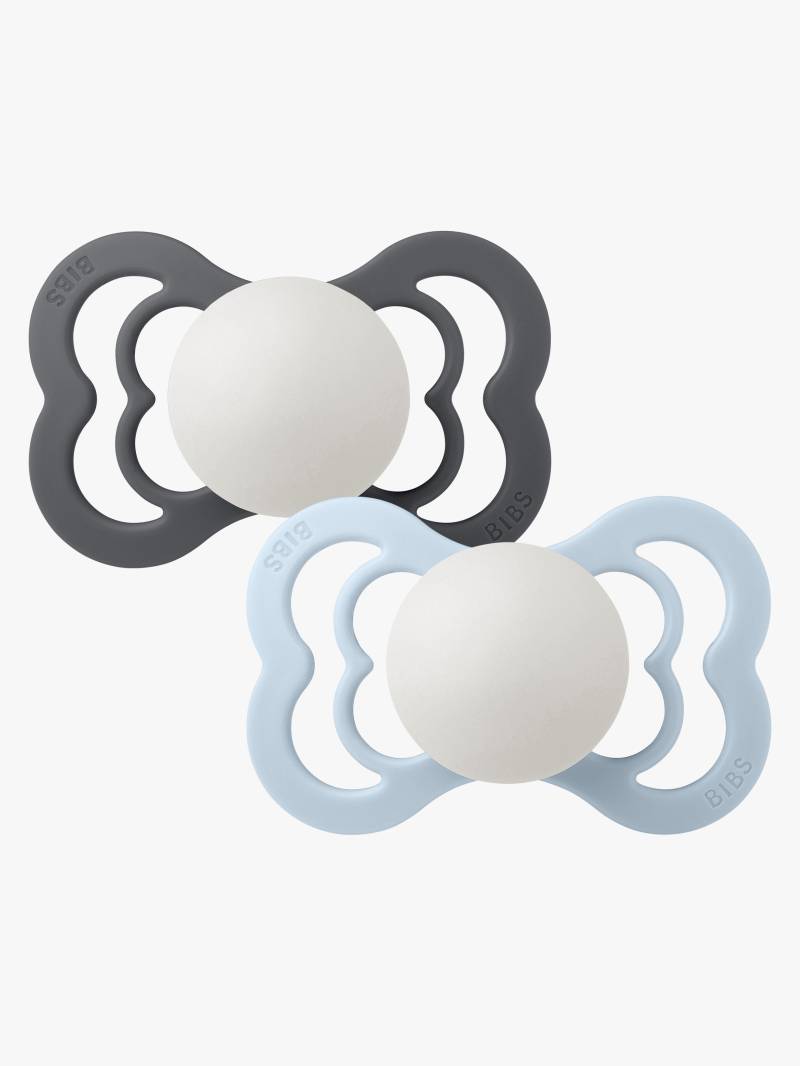 BIBS Supreme Schnuller 2er-Pack Silikon Gr. 2 Symmetrisch, Iron Glow/Baby Blue Glow von BIBS