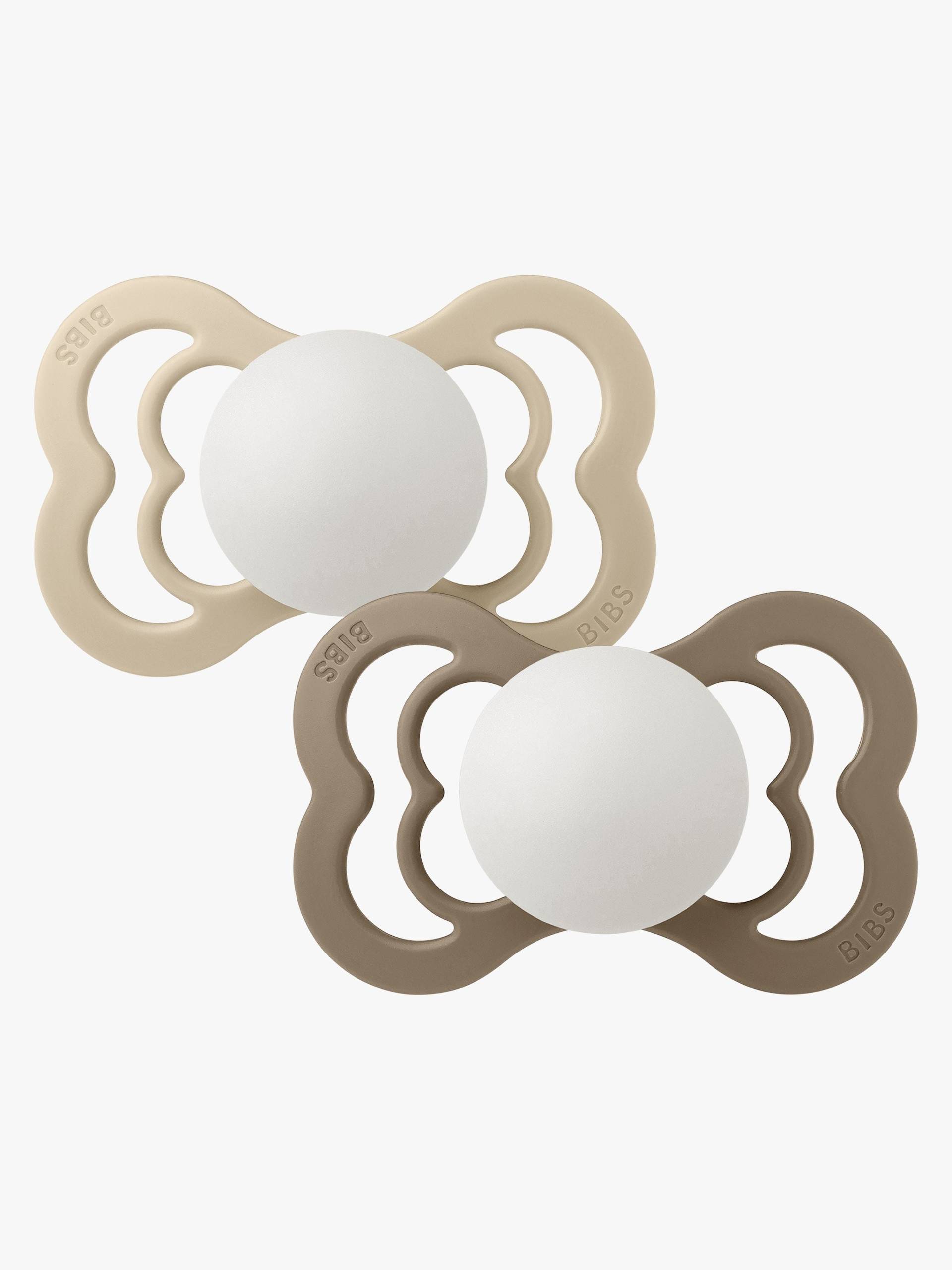 BIBS Supreme Schnuller 2er-Pack Silikon Gr. 2 Symmetrisch, Vanilla Glow/Dark Oak Glow von BIBS