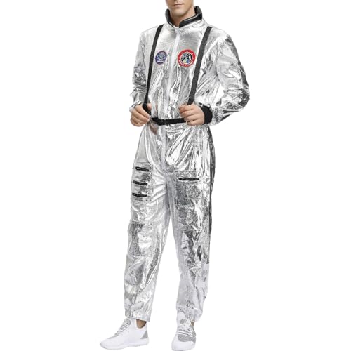 BIEDONGDA Astronaut Kostüm ErwacÖsene Herren Astronauten Weltraum Raumfahrer Halloween Cosplay Space Jumpsuit Silber Overall Jumpsuit Glitzer Raumfahrer Uniform Für Fasching Karneval von BIEDONGDA