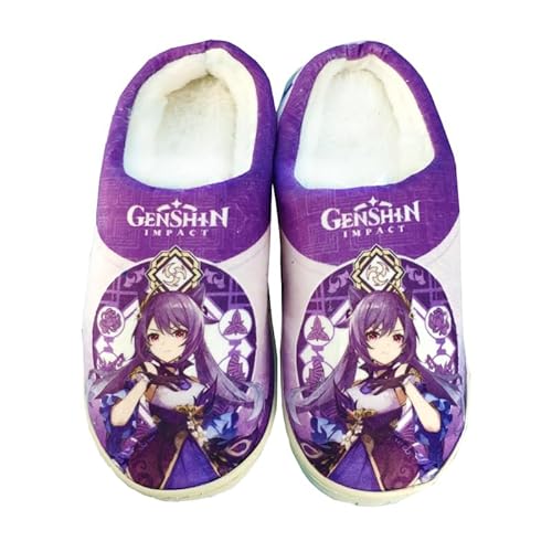 BIEGMAI Anime-Hausschuhe, Spielcharakter, Cosplay-Hausschuhe – Klee/Kamisato Ayaka/Venti bedruckte Cartoon-Schuhe, Hausschuhe, flauschig, warm, Winter, Freizeitschuhe (Keqing, durchschnittliche Größe) von BIEGMAI