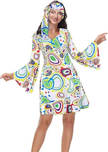 BIEGMAI Damen 70er Jahre Hippie Disco Kleid Übergröße Disco Outfit Halloween Cosplay Vintage 1970er Jahre Kostüm für Damen Party & Themenveranstaltungen (33031white, XL) von BIEGMAI