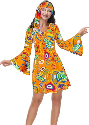 BIEGMAI Damen 70er Jahre Hippie Disco Kleid Übergröße Disco Outfit Halloween Cosplay Vintage 70er Jahre Kostüm für Damen Party & Themenveranstaltungen (33031orange, XL) von BIEGMAI