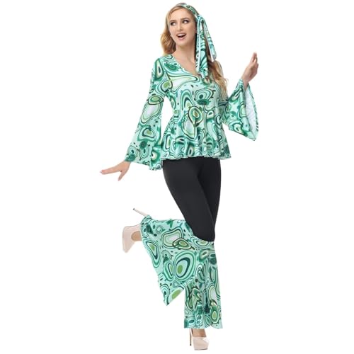 BIEGMAI Damen 70er Jahre Hippie Disco Kleid Übergröße Disco Outfit Halloween Cosplay Vintage 70er Jahre Kostüm für Damen Party & Themenveranstaltungen (33033green, M) von BIEGMAI