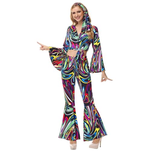 BIEGMAI Damen 70er Jahre Hippie Disco Kleid Übergröße Disco Outfit Halloween Cosplay Vintage 70er Jahre Kostüm für Damen Party & Themenveranstaltungen (33037black, XXL) von BIEGMAI