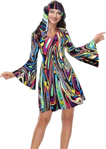 BIEGMAI Damen 70er Jahre Hippie Disco Kleid Übergröße Disco Outfit Halloween Cosplay Vintage 70er Jahre Kostüm für Frauen Party & Themenveranstaltungen (33030black, L) von BIEGMAI