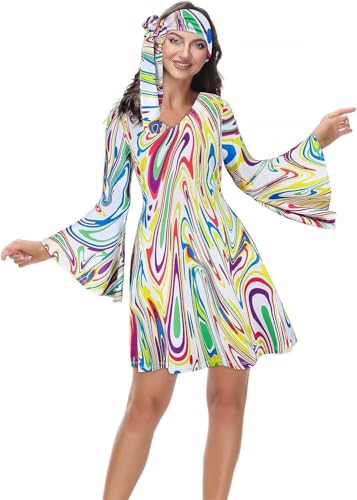 BIEGMAI Damen 70er Jahre Hippie Disco Kleid Übergröße Disco Outfit Halloween Cosplay Vintage 70er Jahre Kostüm für Frauen Party & Themenveranstaltungen (33030white, M) von BIEGMAI