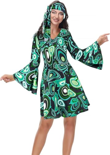 BIEGMAI Damen 70er Jahre Hippie Disco Kleid Übergröße Disco Outfit Halloween Cosplay Vintage 70er Jahre Kostüm für Frauen Party & Themenveranstaltungen (33031blackgree, L) von BIEGMAI