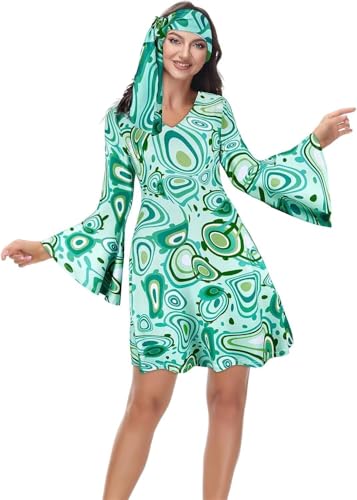 BIEGMAI Damen 70er Jahre Hippie Disco Kleid Übergröße Disco Outfit Halloween Cosplay Vintage 70er Jahre Kostüm für Frauen Party & Themenveranstaltungen (33031lightgreen, L) von BIEGMAI