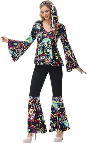 BIEGMAI Damen 70er Jahre Hippie Disco Kleid Übergröße Disco Outfit Halloween Cosplay Vintage 70er Jahre Kostüm für Frauen Party & Themenveranstaltungen (33033black, L) von BIEGMAI