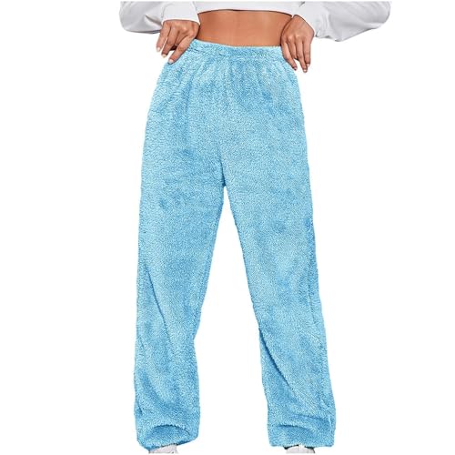 BIEGMAI Damen-Fleece-Loungehose, weiches Plüsch-Teddyfell, warme Nachtwäsche und Yoga-Jogginghose, lockere einfarbige Pyjamahose (22 Blau, XL) von BIEGMAI