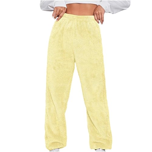 BIEGMAI Damen-Fleece-Loungehose, weiches Plüsch-Teddyfell, warme Nachtwäsche und Yoga-Jogginghose, lockere einfarbige Pyjamahose (22 Gelb, M) von BIEGMAI