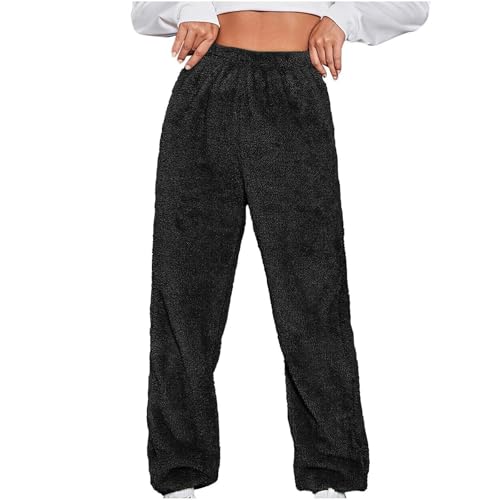 BIEGMAI Damen-Fleece-Loungehose, weiches Plüsch-Teddyfell, warme Nachtwäsche und Yoga-Jogginghose, lockere einfarbige Pyjamahose (22 Schwarz, XL) von BIEGMAI