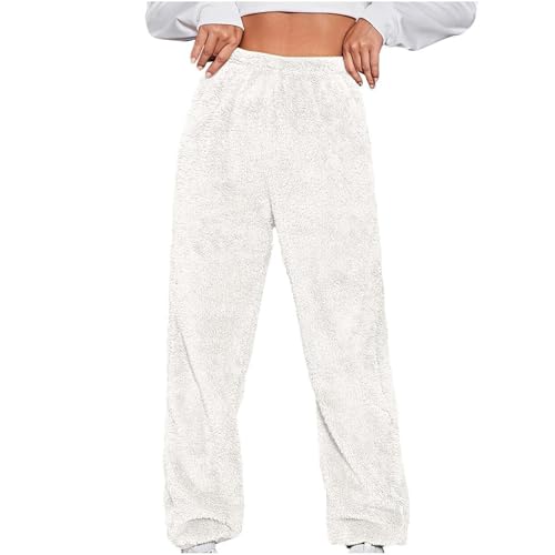 BIEGMAI Damen-Fleece-Loungehose, weiches Plüsch-Teddyfell, warme Nachtwäsche und Yoga-Jogginghose, lockere einfarbige Pyjamahose (22 Weiß, M) von BIEGMAI