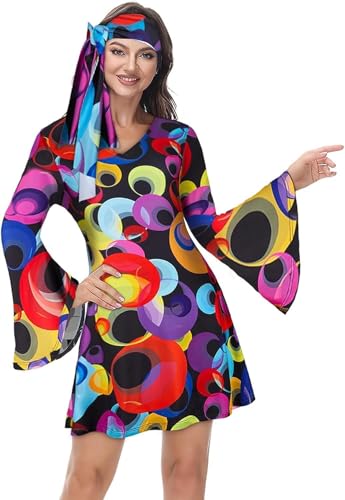 BIEGMAI Damen-Kostüm-Set, Übergröße, Disco-Kostüm, Hippie-Kostüm, 60er-, 70er-, 80er-, 90er-Jahre-Stil, Retro-Kostüm für Halloween (bunter Kreis, L) von BIEGMAI