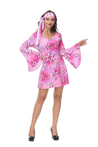 BIEGMAI Damen Plus Size Disco Hippie Kostüm Set 60er 70er 80er 90er Retro Stil Outfit für Halloween Fasching Party (6721-pink, XS) von BIEGMAI